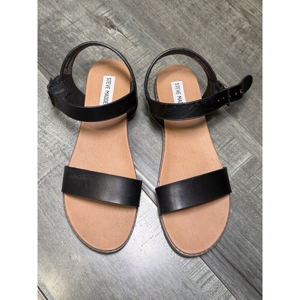 Steve Madden Tesa Slingback Flat Sandals Women Size 9.5M Black Ankle Strap NWOB